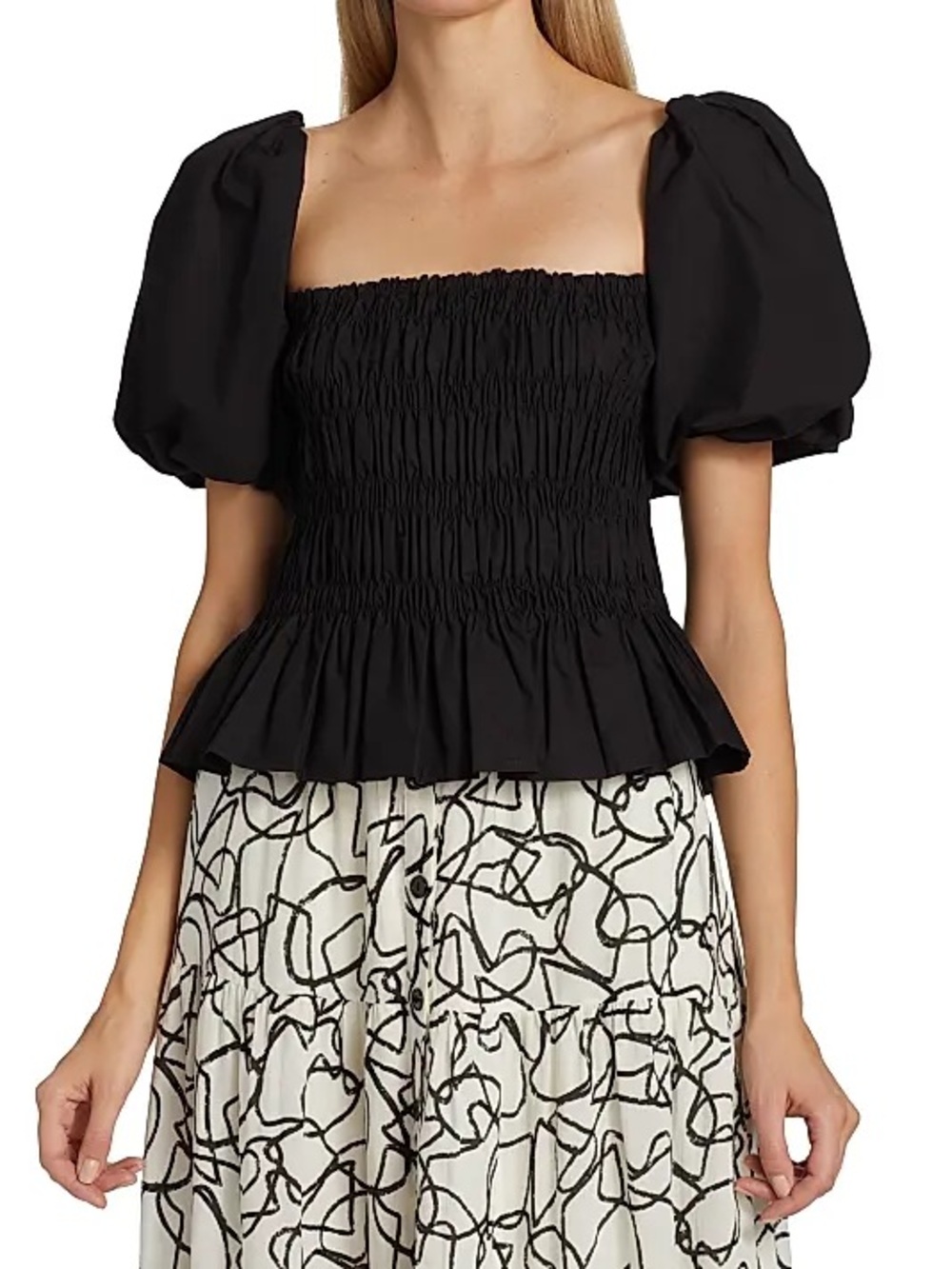 ASTR Black Smocked Peplum Puff-Sleeve Top